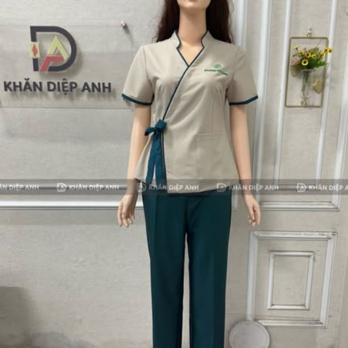 Đồng phục tông be phối xanh cổ vịt đẹp nhẹ